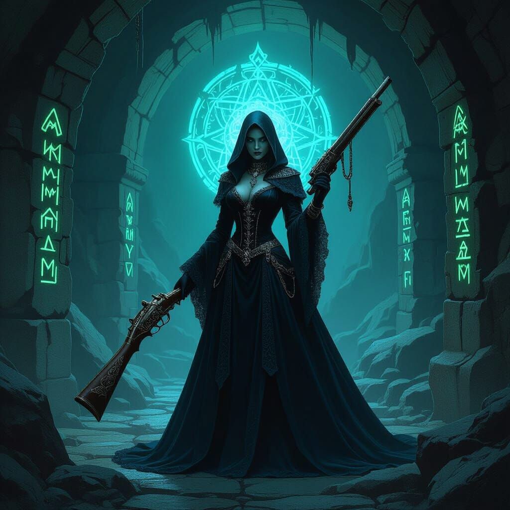 Drow Sorceress in Glowing Rune Cavern, Digital Painting