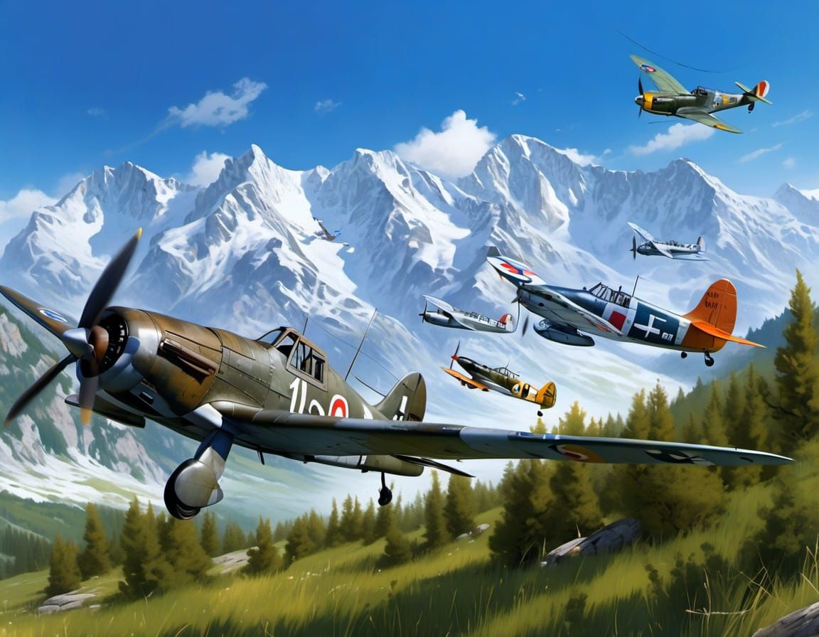 <lora:DWC:1.0> C-47 being chased by BF-109s in the Alps