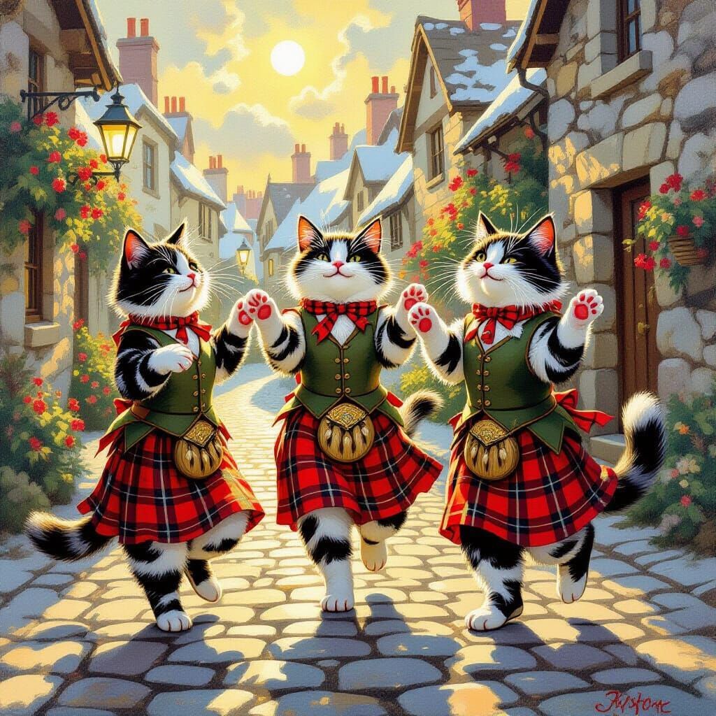 Three Snowshoe Cats Dancing Scottish Folk Music