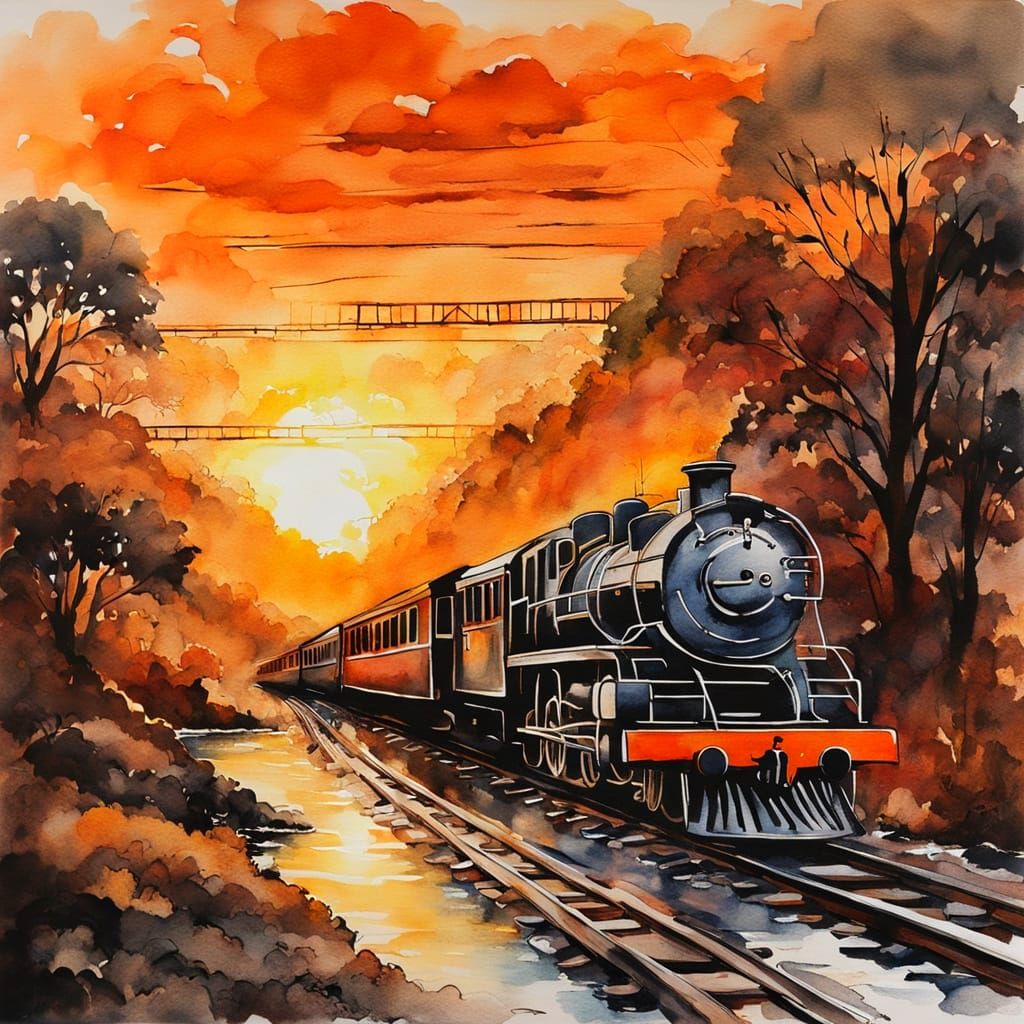 Timeless European Masterpiece of a Train Crossing a Waterfal...