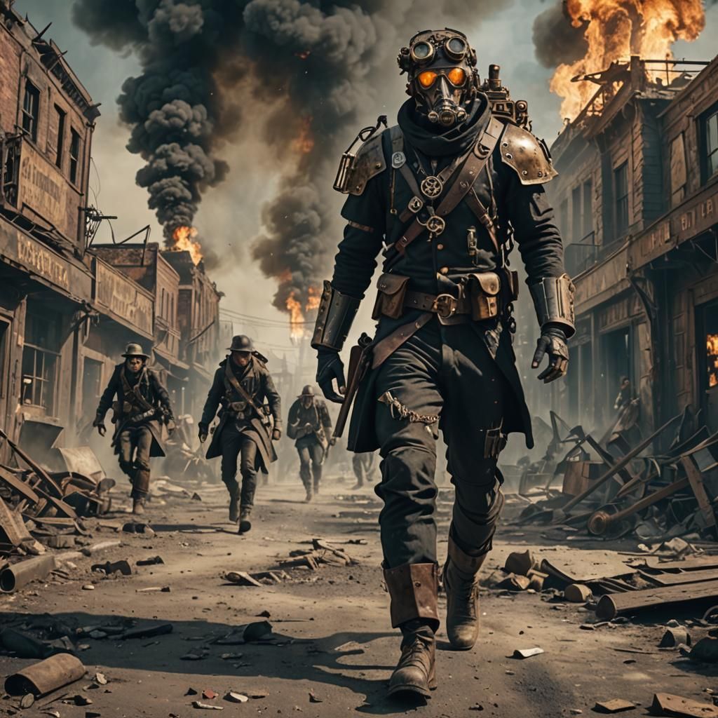 Steampunk Soldiers March Through Burning Town