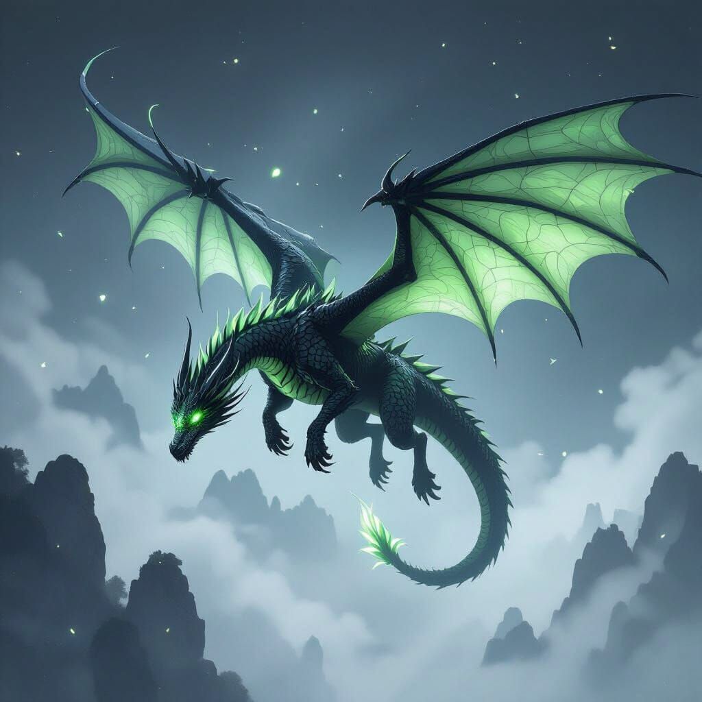 Majestic Dragon Soaring Through Misty Night Sky