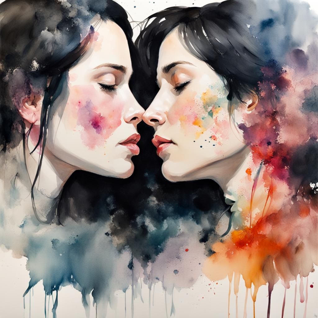 Watercolor Painting: Twin Sisters Share a Kiss