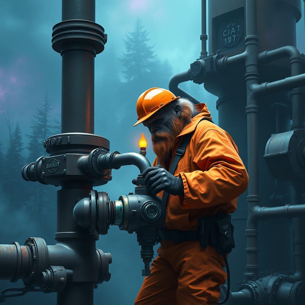 Sasquatch in Industrial Wilderness, Inspired by Realistic Co...