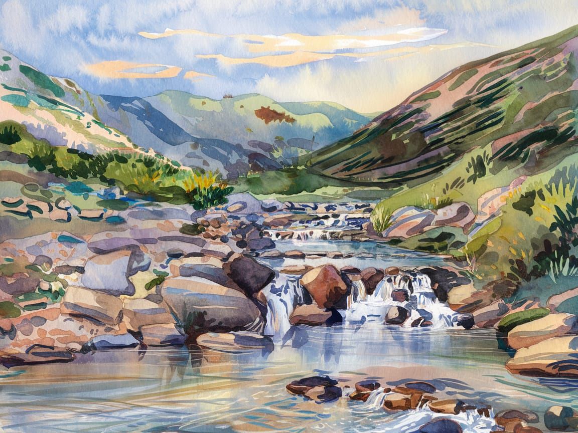 Watercolor Mountain Stream Landscape
