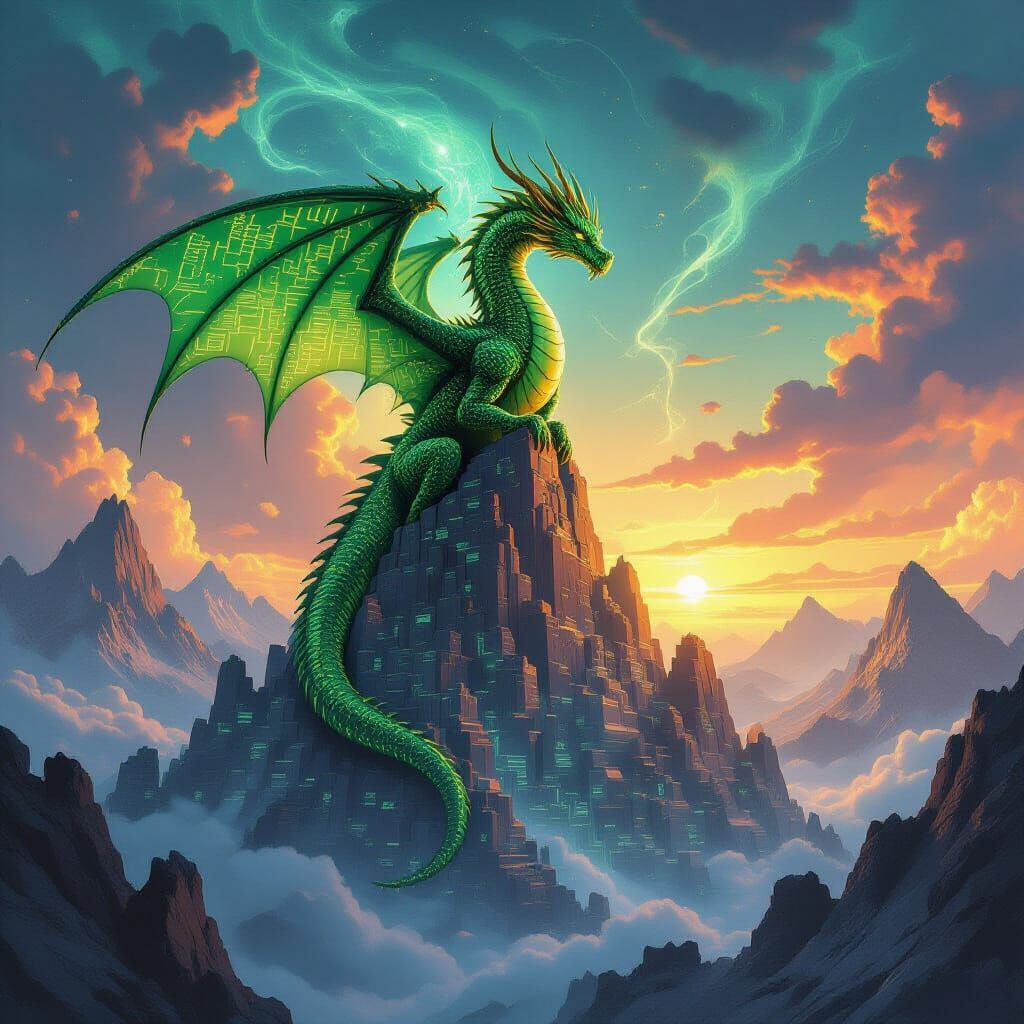 Ancient Dragon Made of Circuits on Crystal Mountain