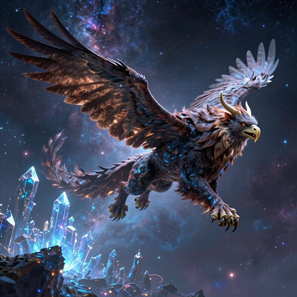 Majestic Griffin Soars Through Cosmic Nebula Over Alien City
