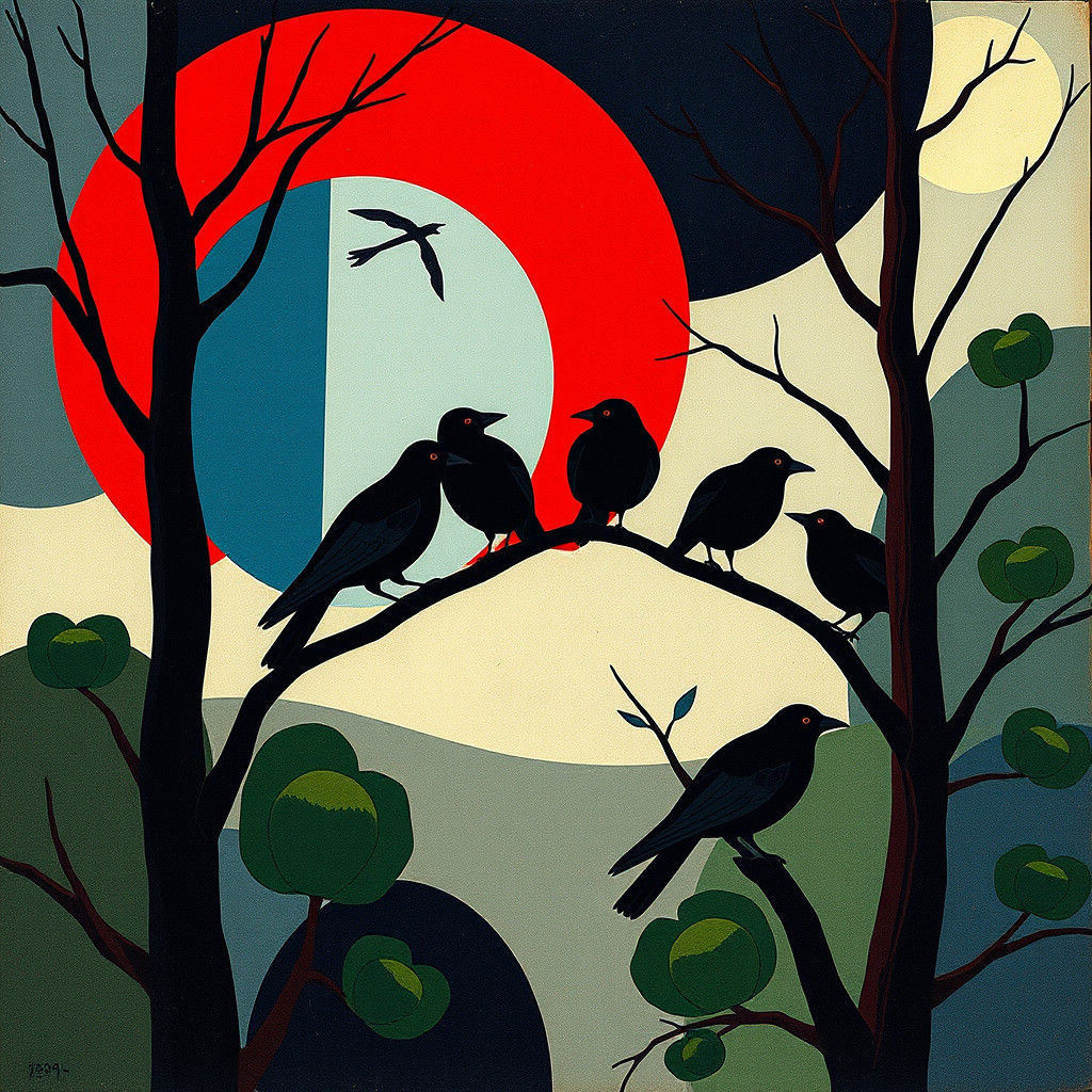 Black Crows on Trees in Abstract Cubism Style