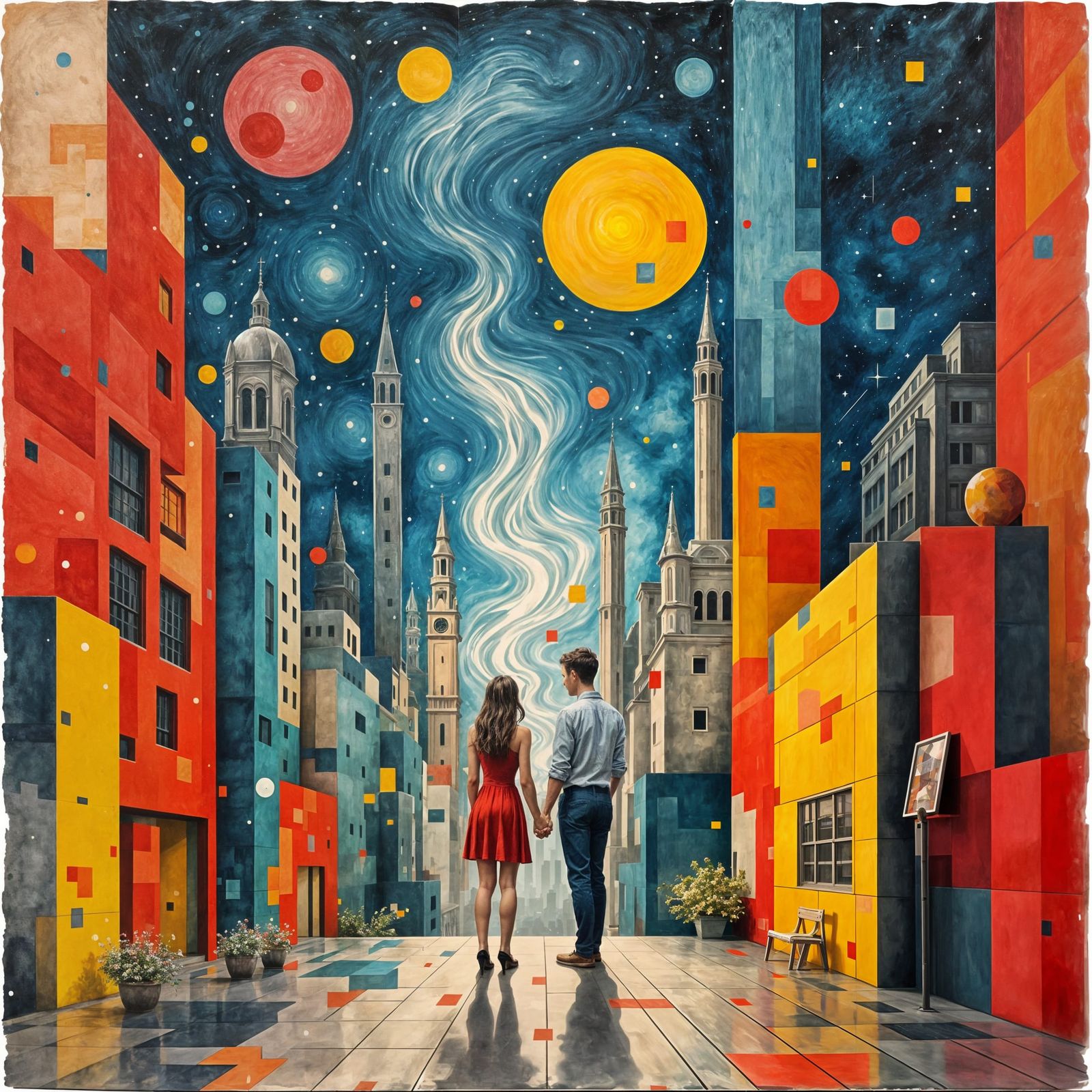 Couple in Vibrant Abstract Cityscape with Swirling Sky