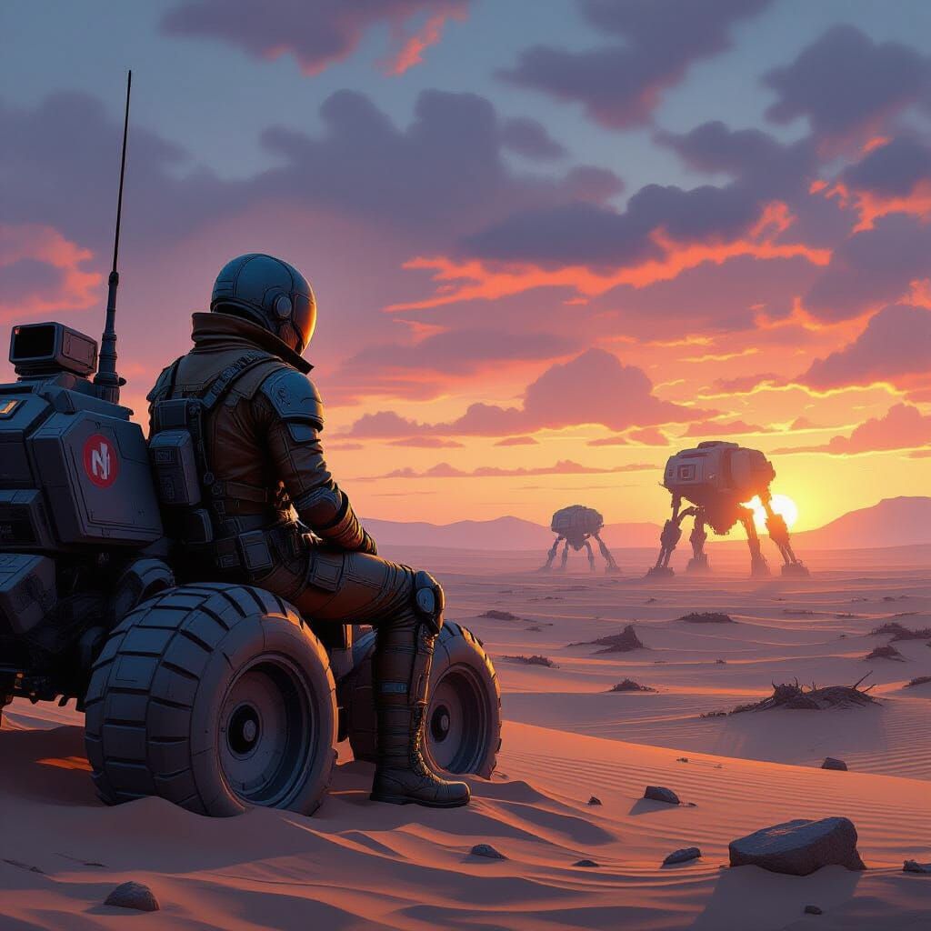 Mech Pilot Surveys Ruined Desert Landscape