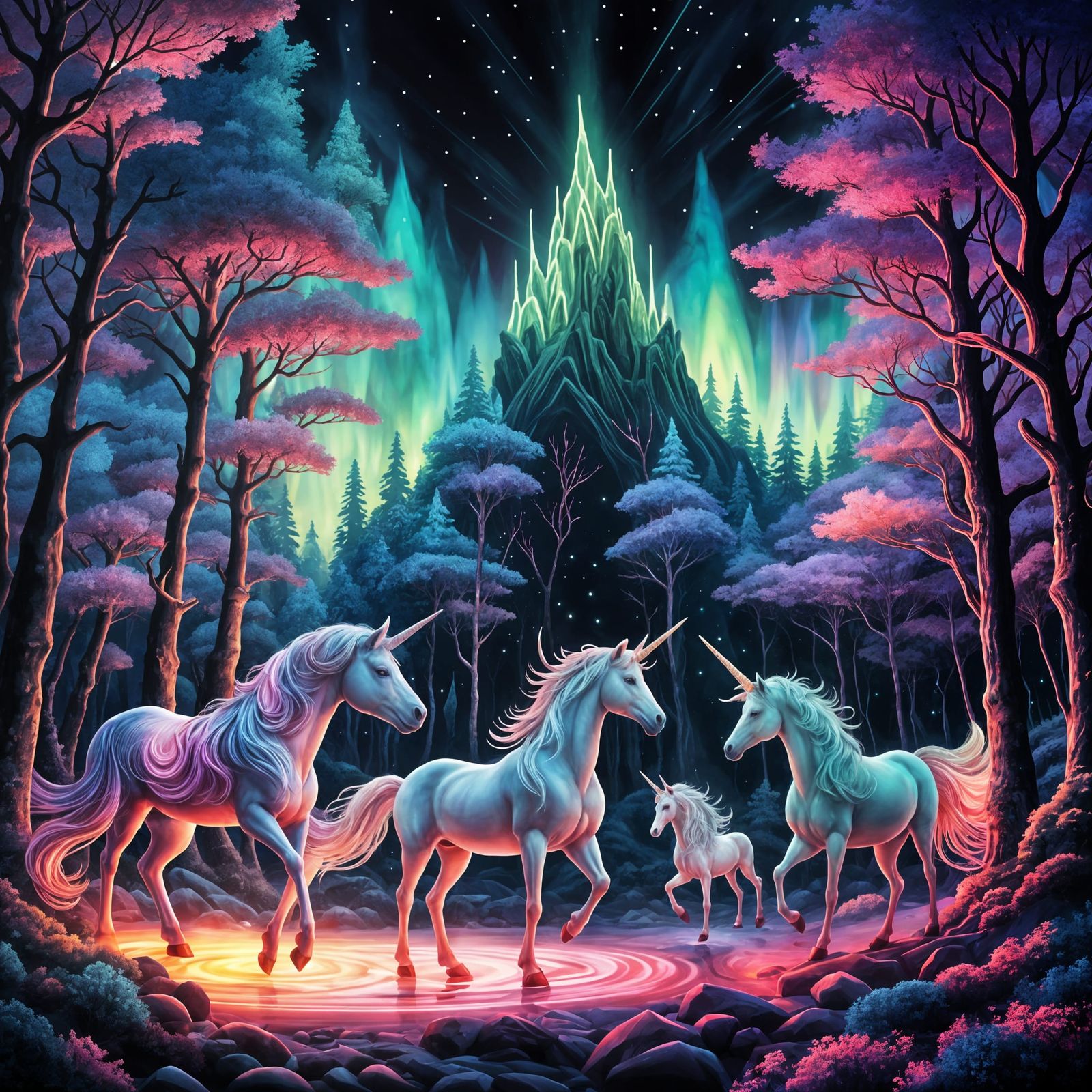 Unicorns Frolicking Under Neon Northern Lights