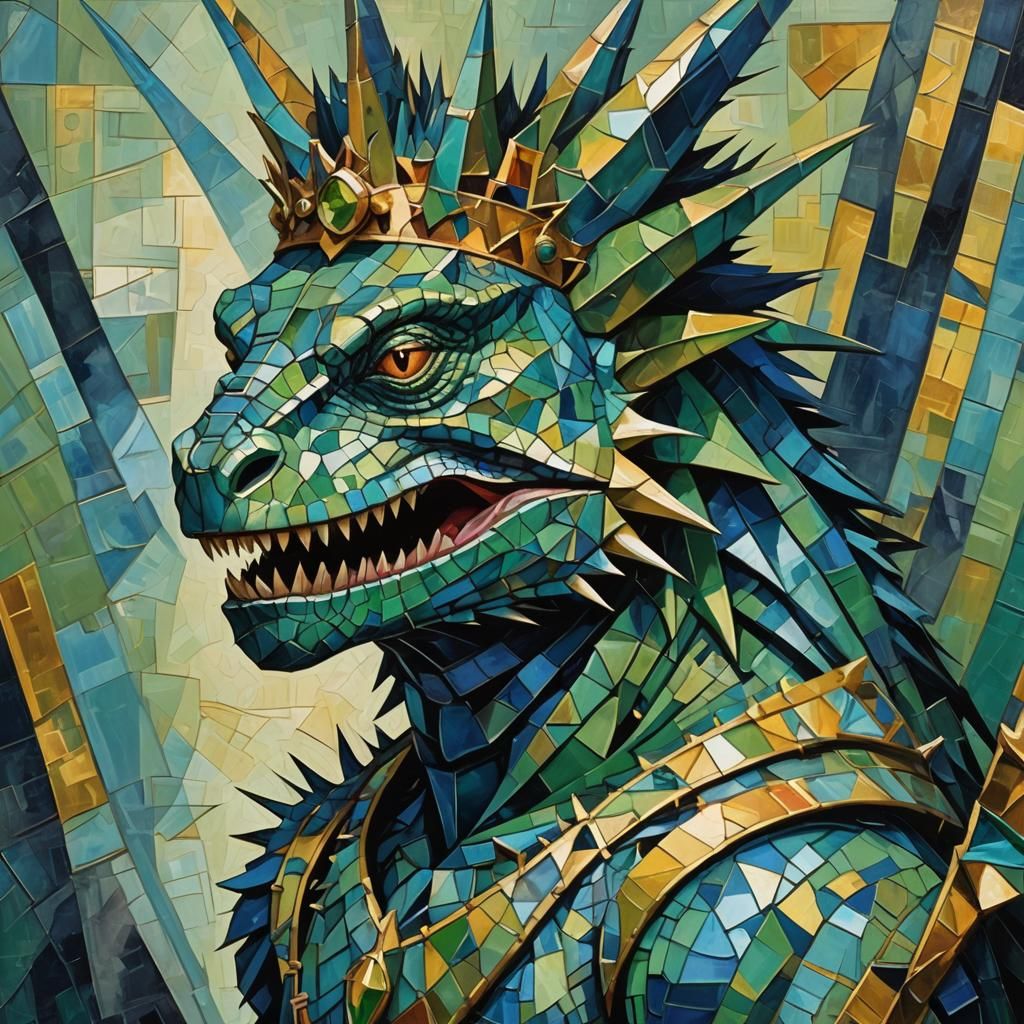 Lizard King with Crown in Cubist Style