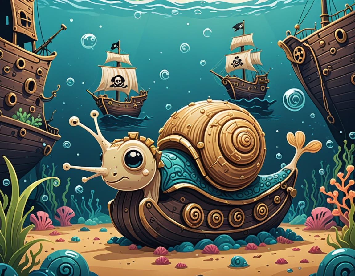 An adorable chibi snail explores a sunken pirate ship.