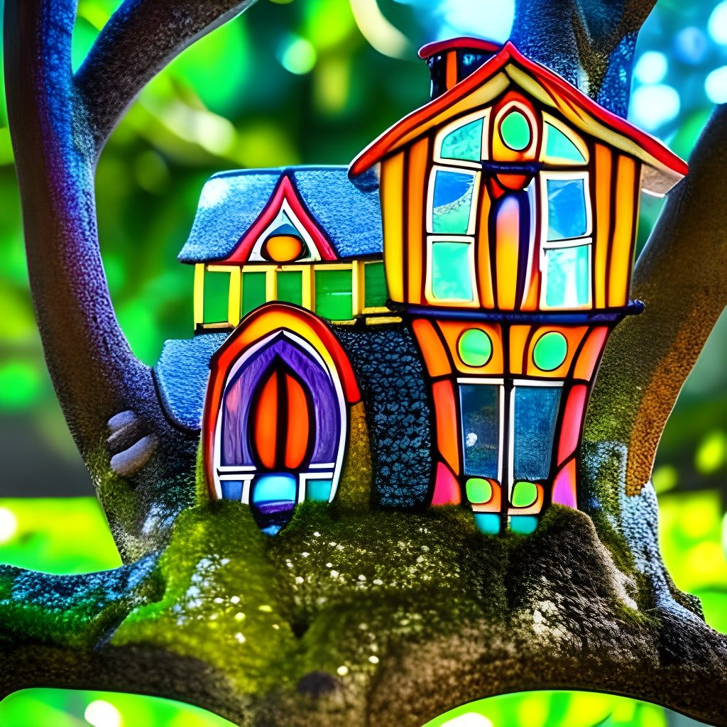 Ornate Stained Glass Fairy House in Tree