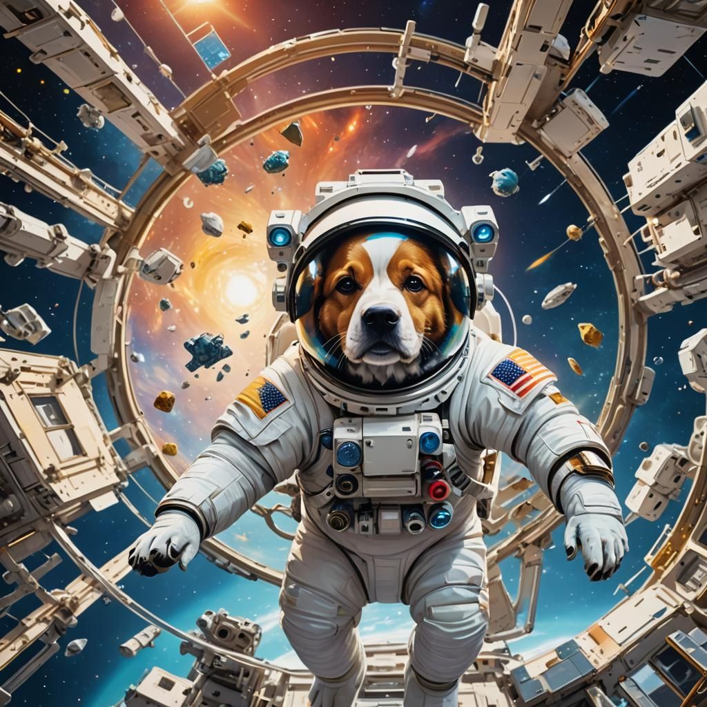 Dog in Space: Vibrant Concept Art in Zero Gravity