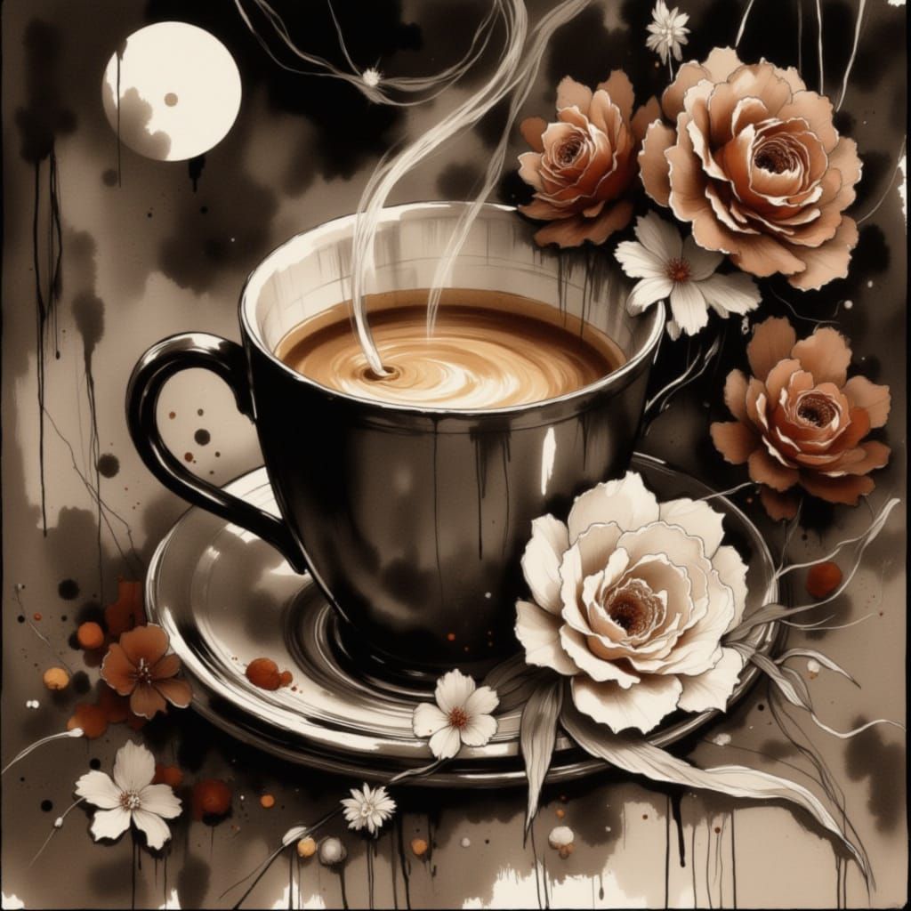 Steaming Mug of Coffee in Dark Comic Style