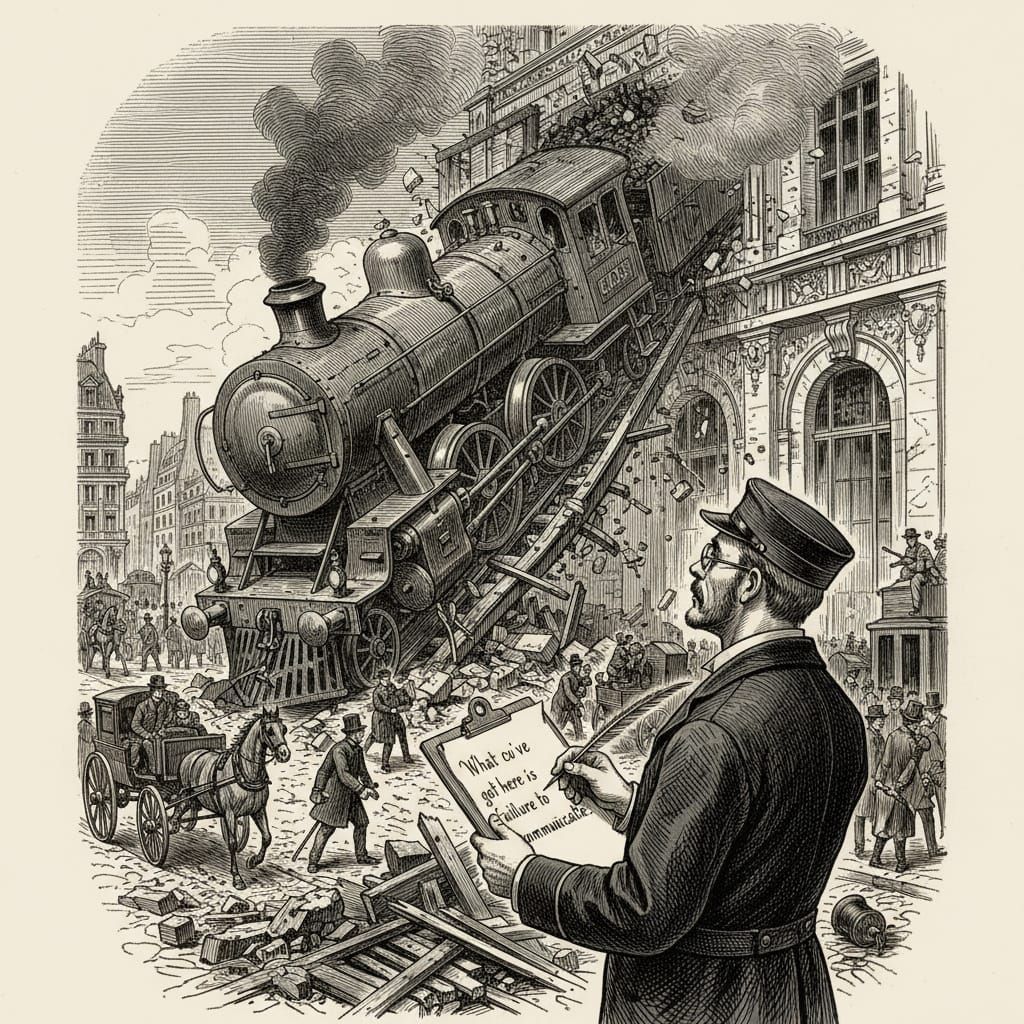 Dramatic 1895 Paris Train Wreck Engraving in Chiaroscuro Sty...