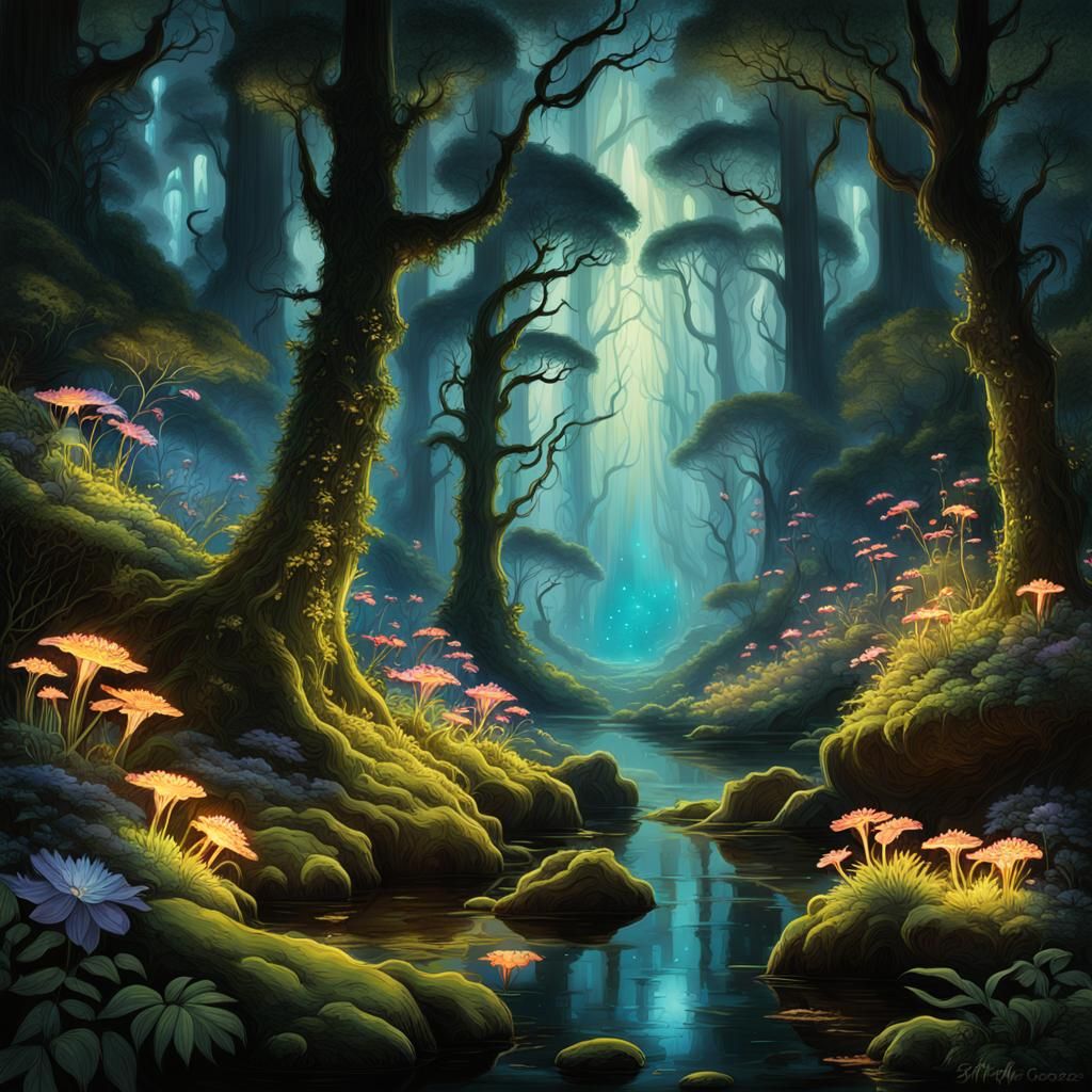 An enchanting woodland scene bathed in a mesmerizing glow by bioluminescent plants