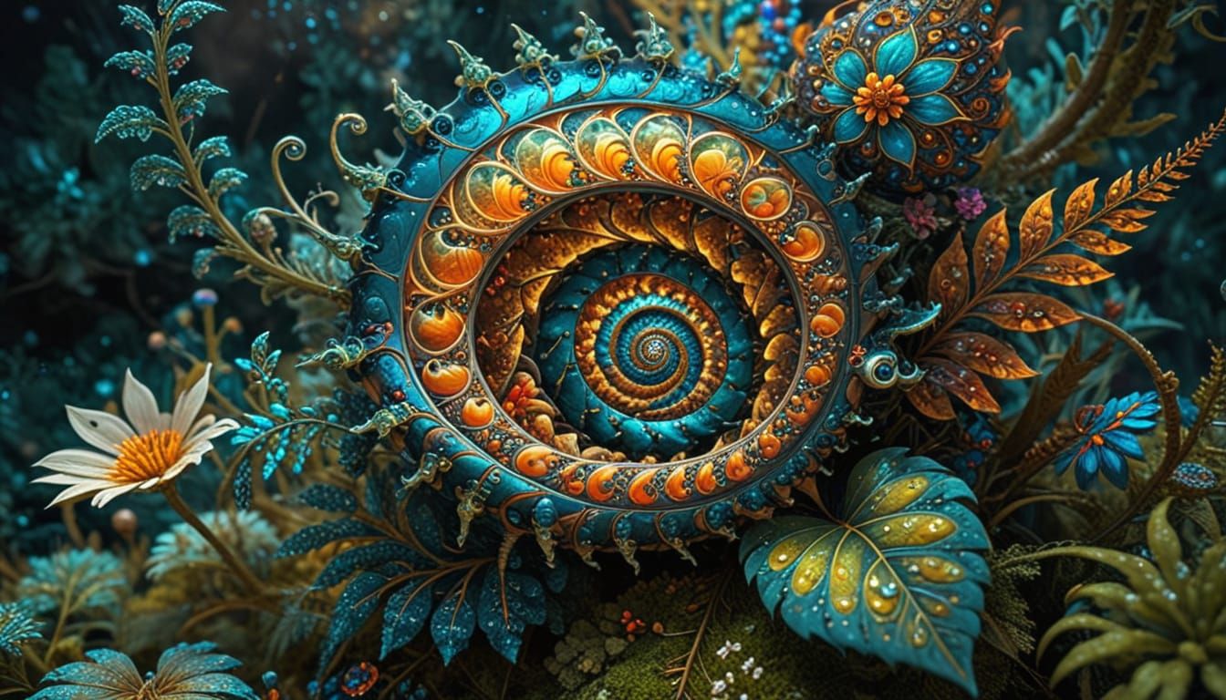 Fractal Meadow with Flowers and Creatures in 2D Style