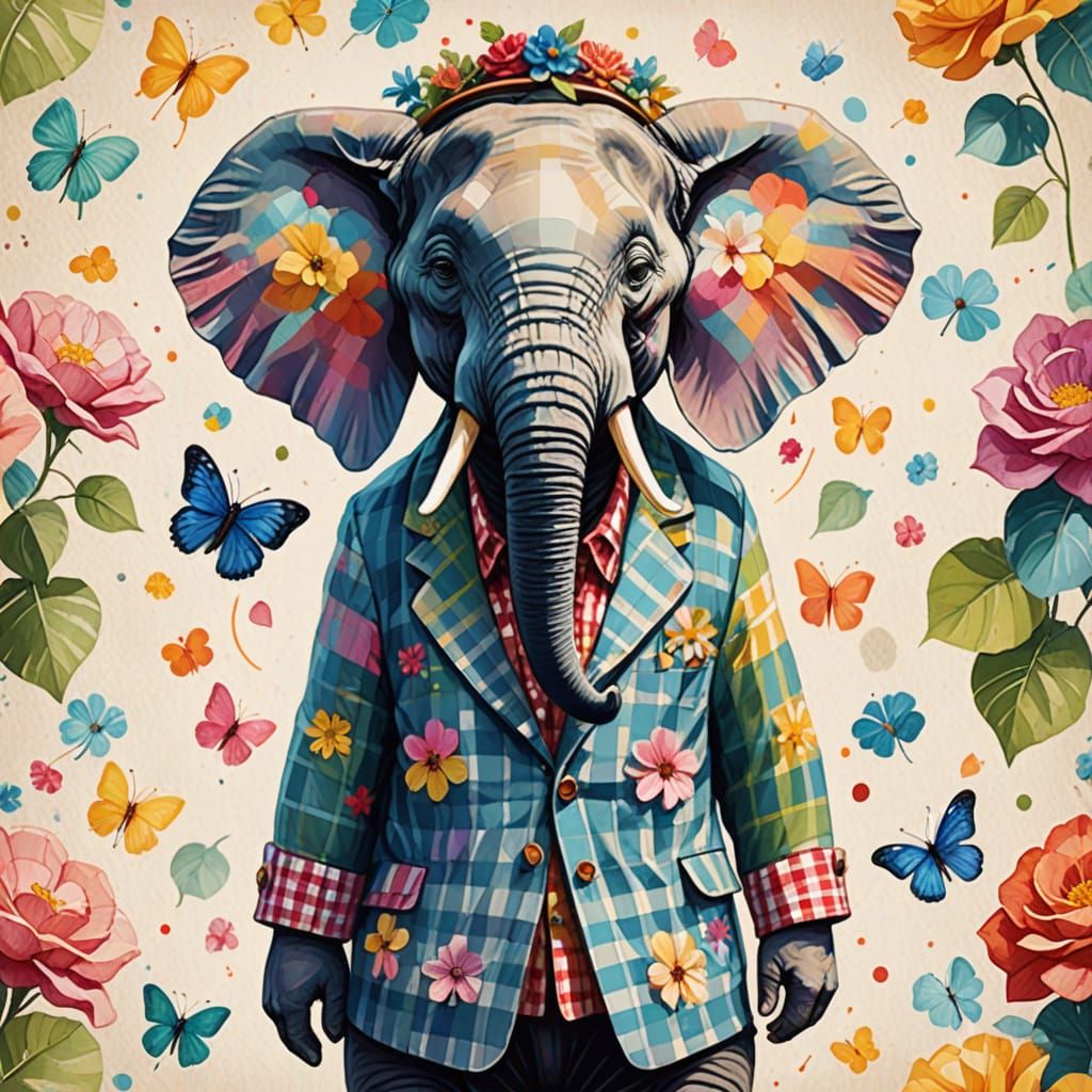 Gingham Elephant Portrait in Whimsical Style