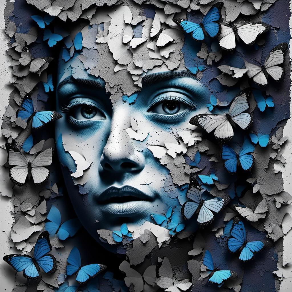 Monochrome Face Unveiling Vibrant Butterflies