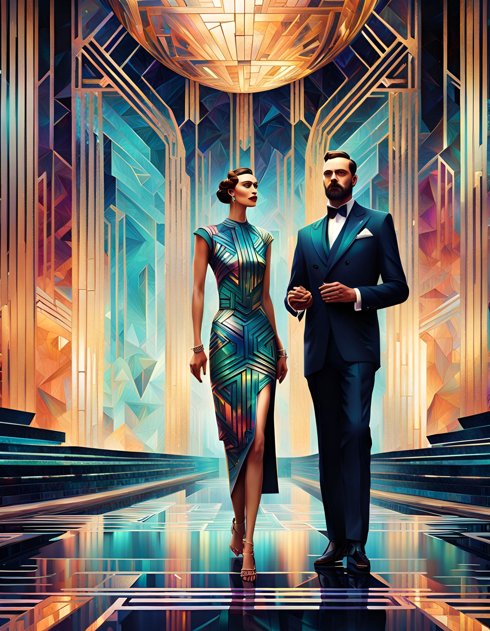 Art Deco Couple in Geometric Futurism Style