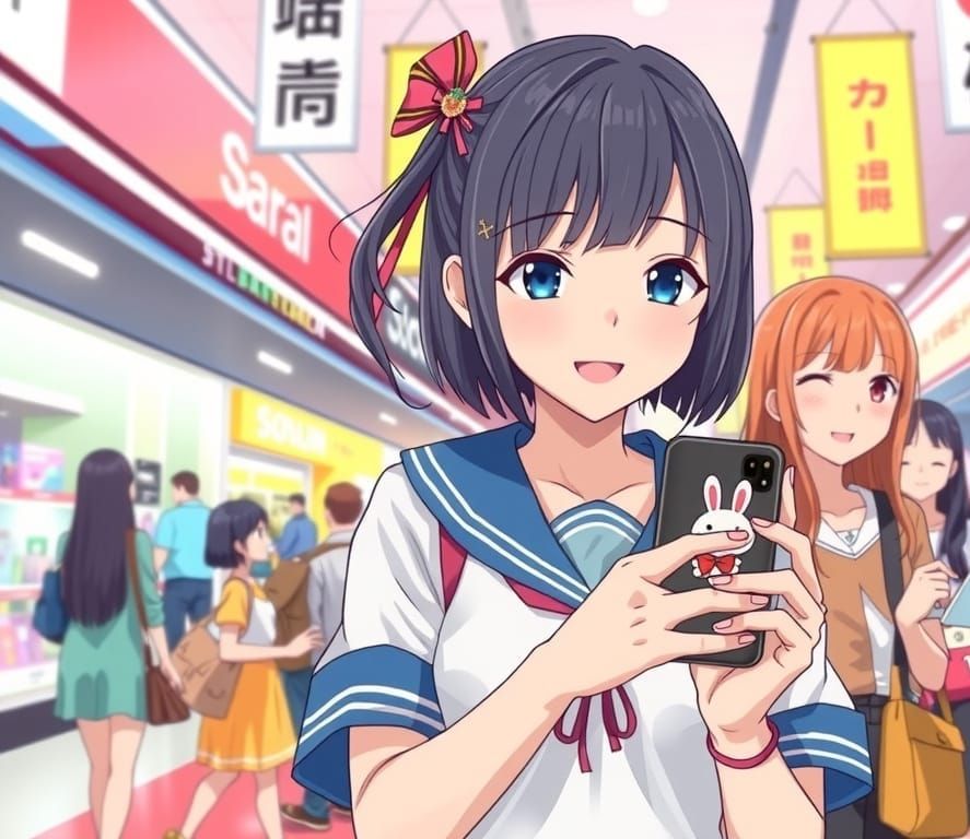 Japanese Schoolgirl Window Shopping at a Vibrant Mall with F...