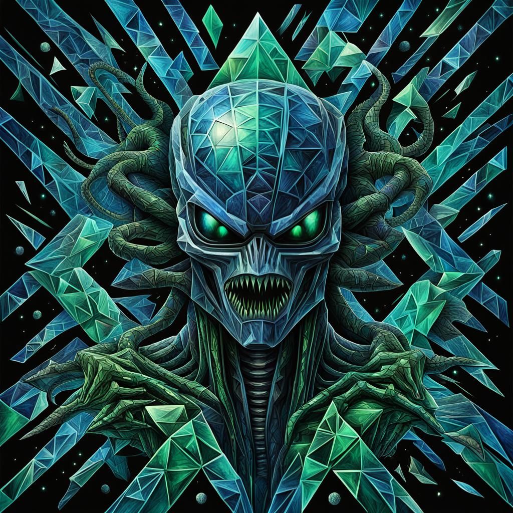 Cybernetic Xenomorph Dissolving into Geometric Shards