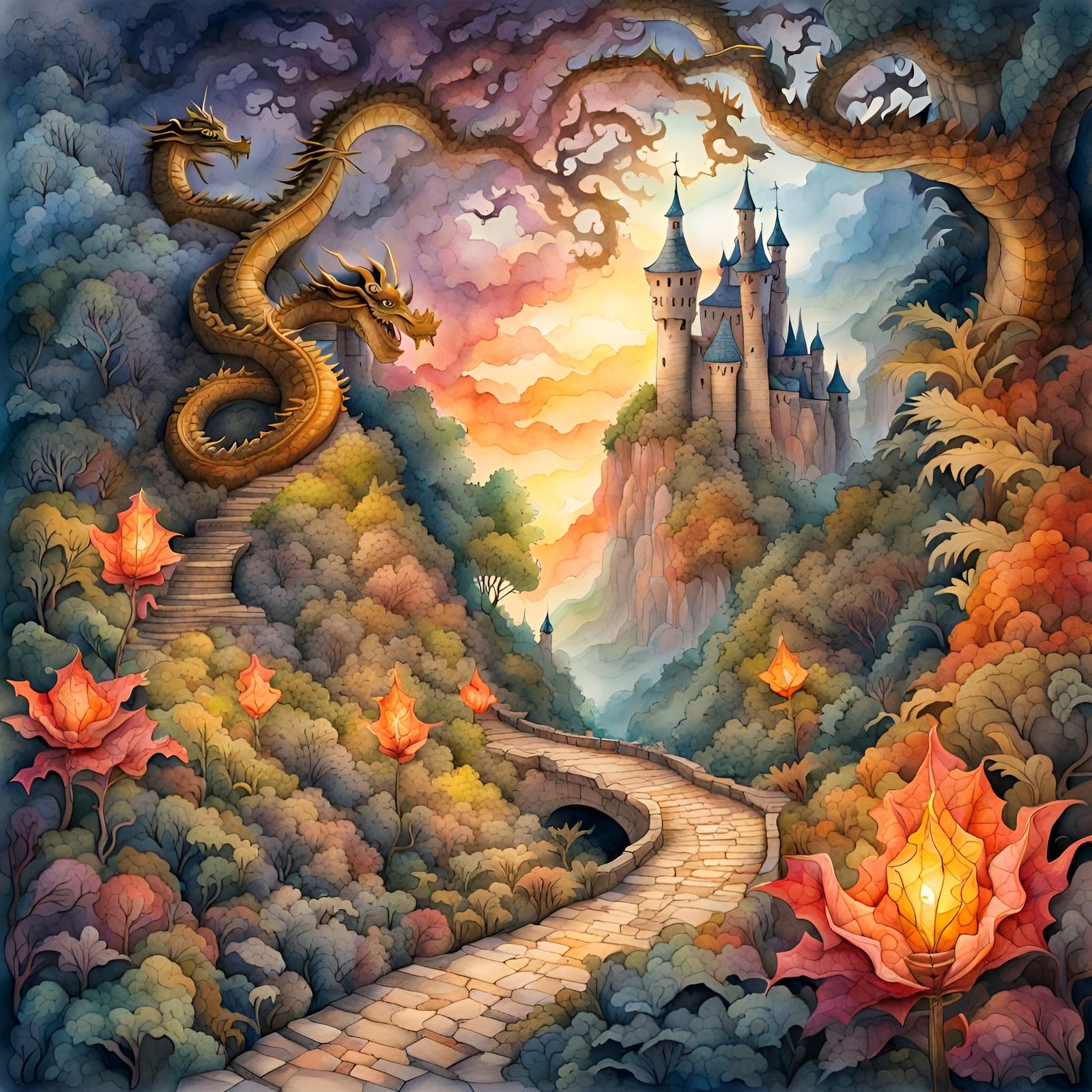 Whimsical Watercolor Path to Dragon's Lair