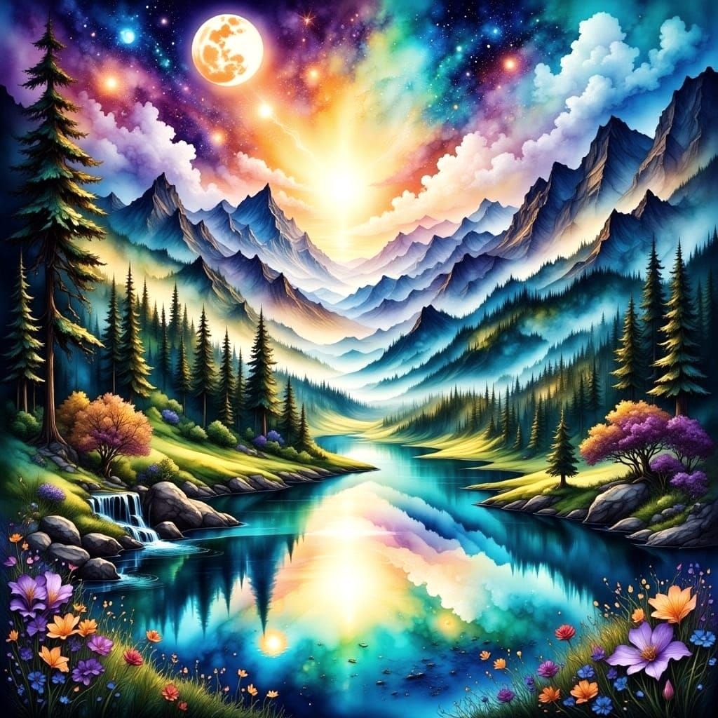 Galactic Lake in Rustic Fairytale Style with Intricate Detai...