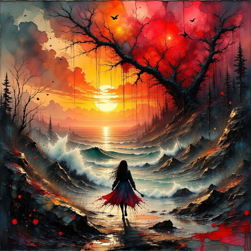 Abstract Apocalyptic Disaster at Sunrise in Expressionist St...