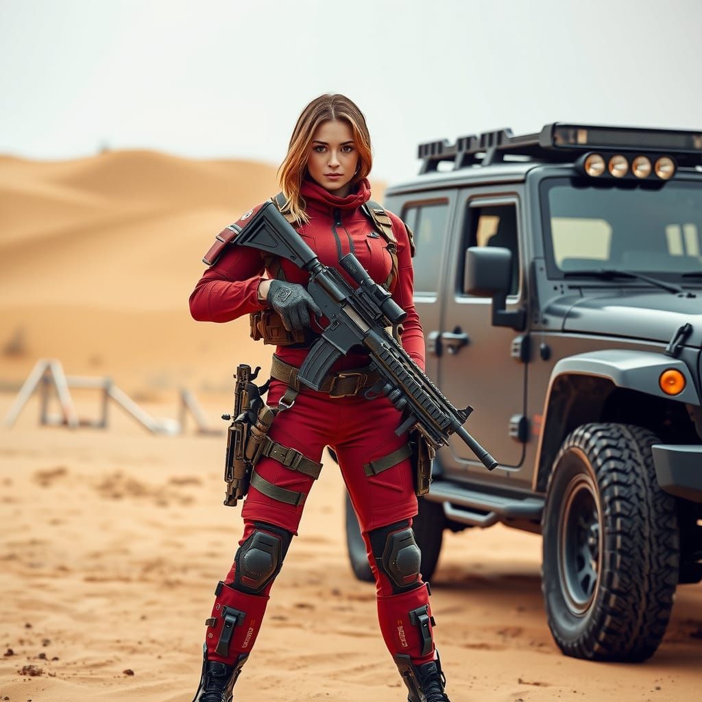 Elegant Female Warrior in Tactical Gear, Standing Confidentl...