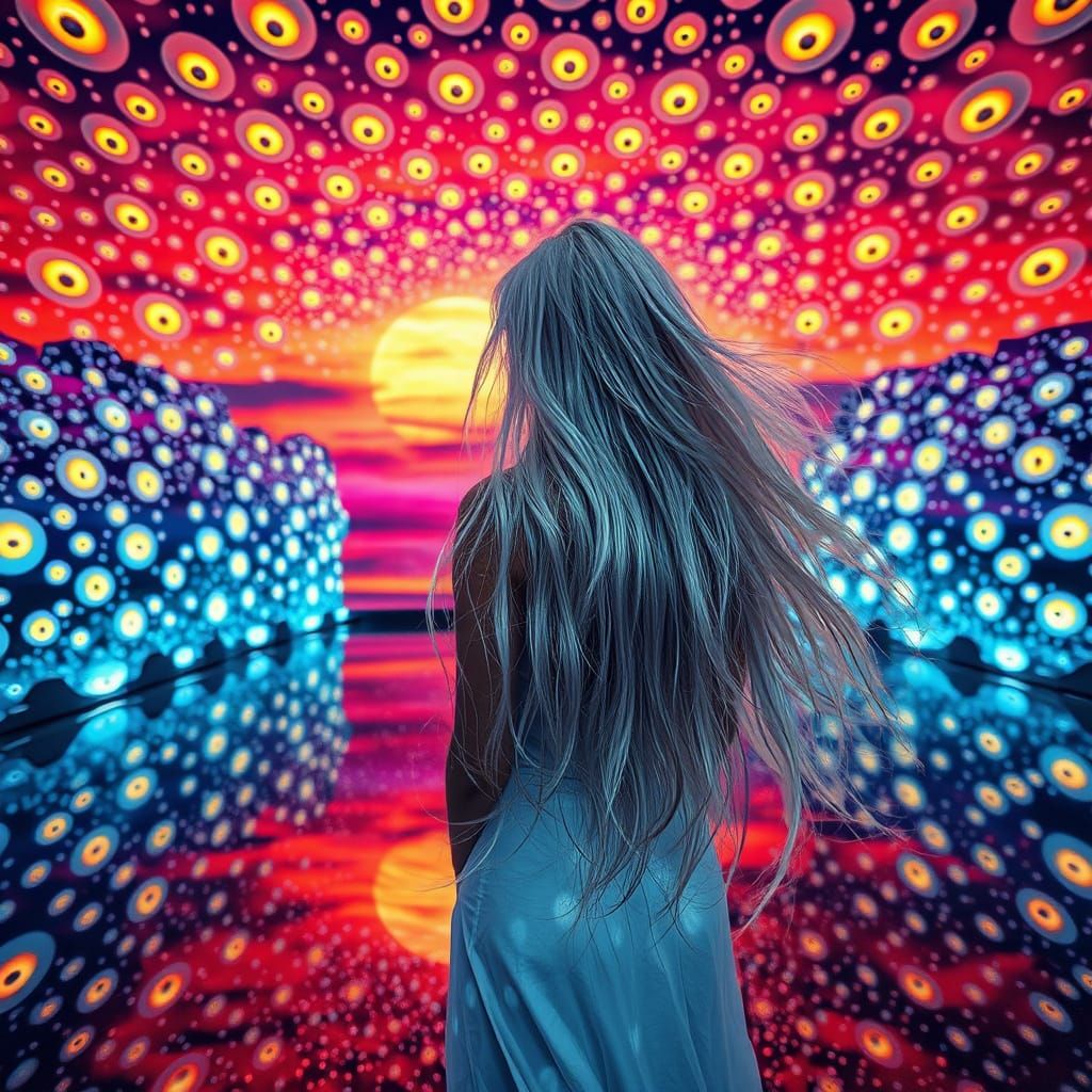 Woman in Infinity Mirrored Room with Glowing Eyes and Biolum...