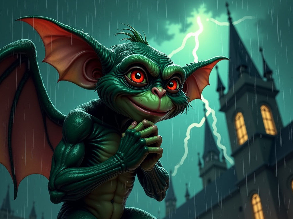 Cartoon Gargoyle Monster in Gothic Cityscape, Digital Art