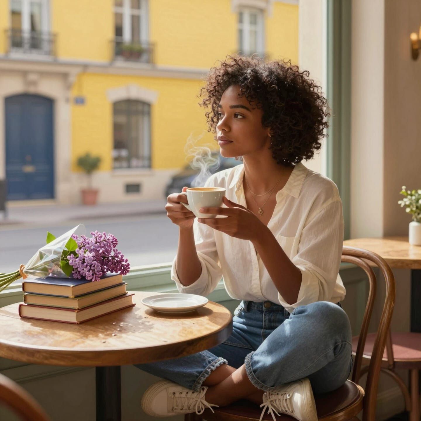 Young Woman Enjoys Coffee in Cozy Cafe Digital Painting