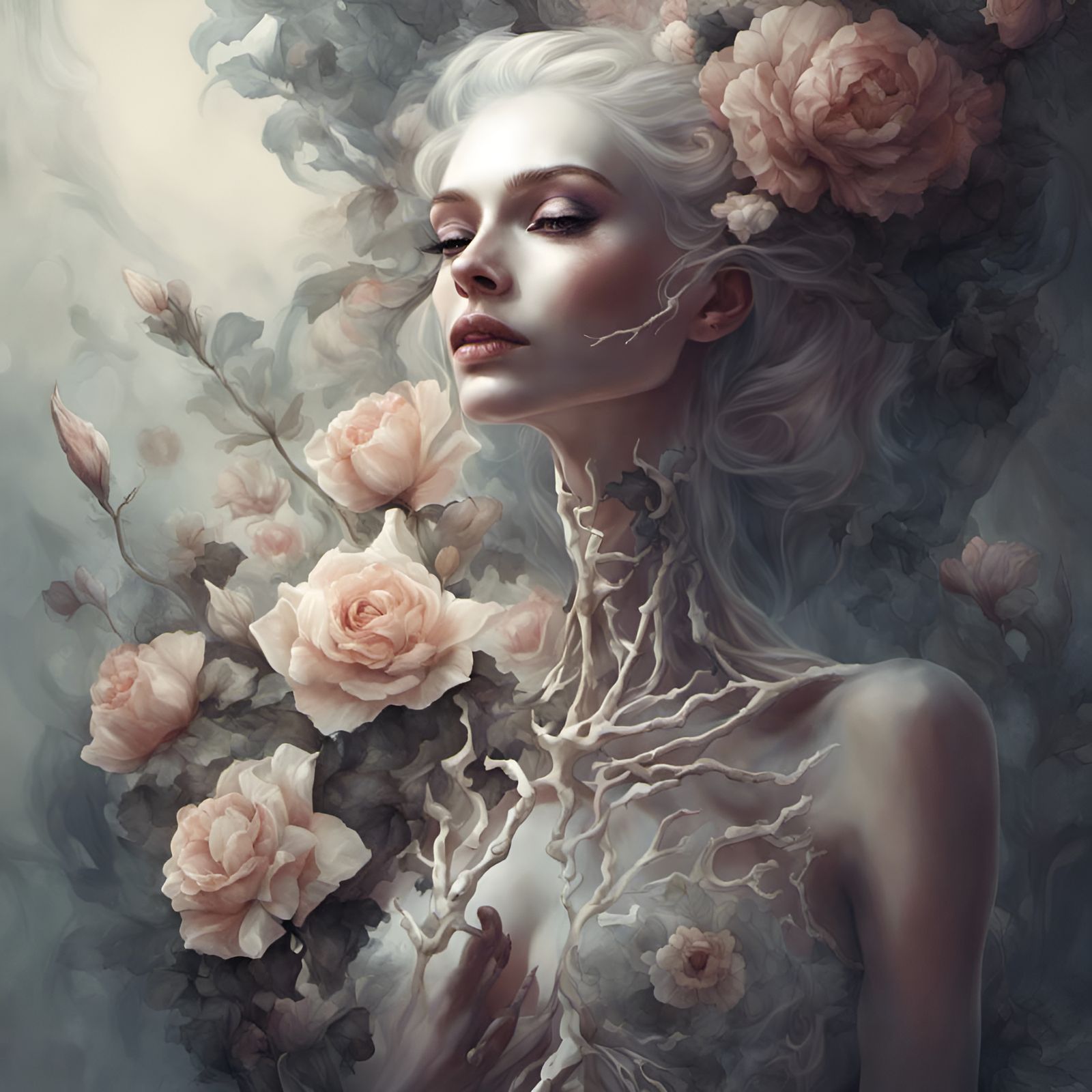 Serene Half-Skeletal Lady with Flowers in Fantasycore Style