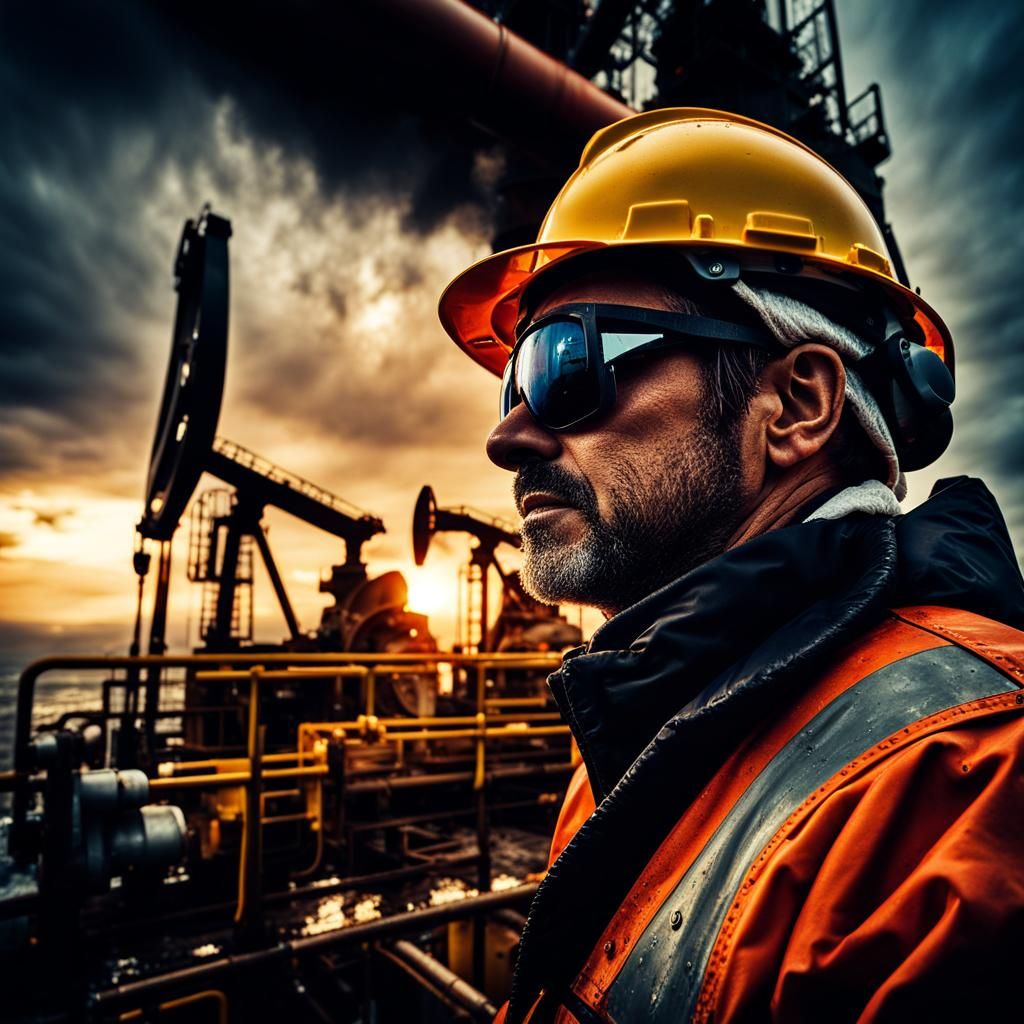 Hyperrealistic Oil Rig Worker in Stormy Sunset