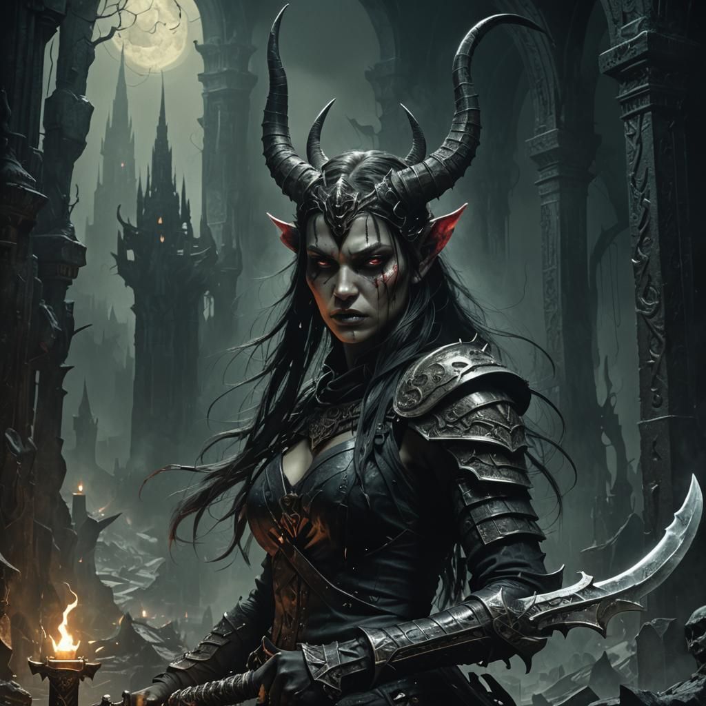Dark Fantasy Warrior Girl in Gothic Biomechanical Style