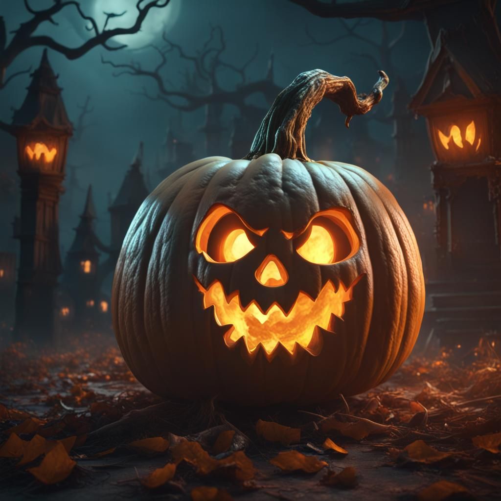 Creepy Halloween Pumpkin with Ghost in Matte Painting Style