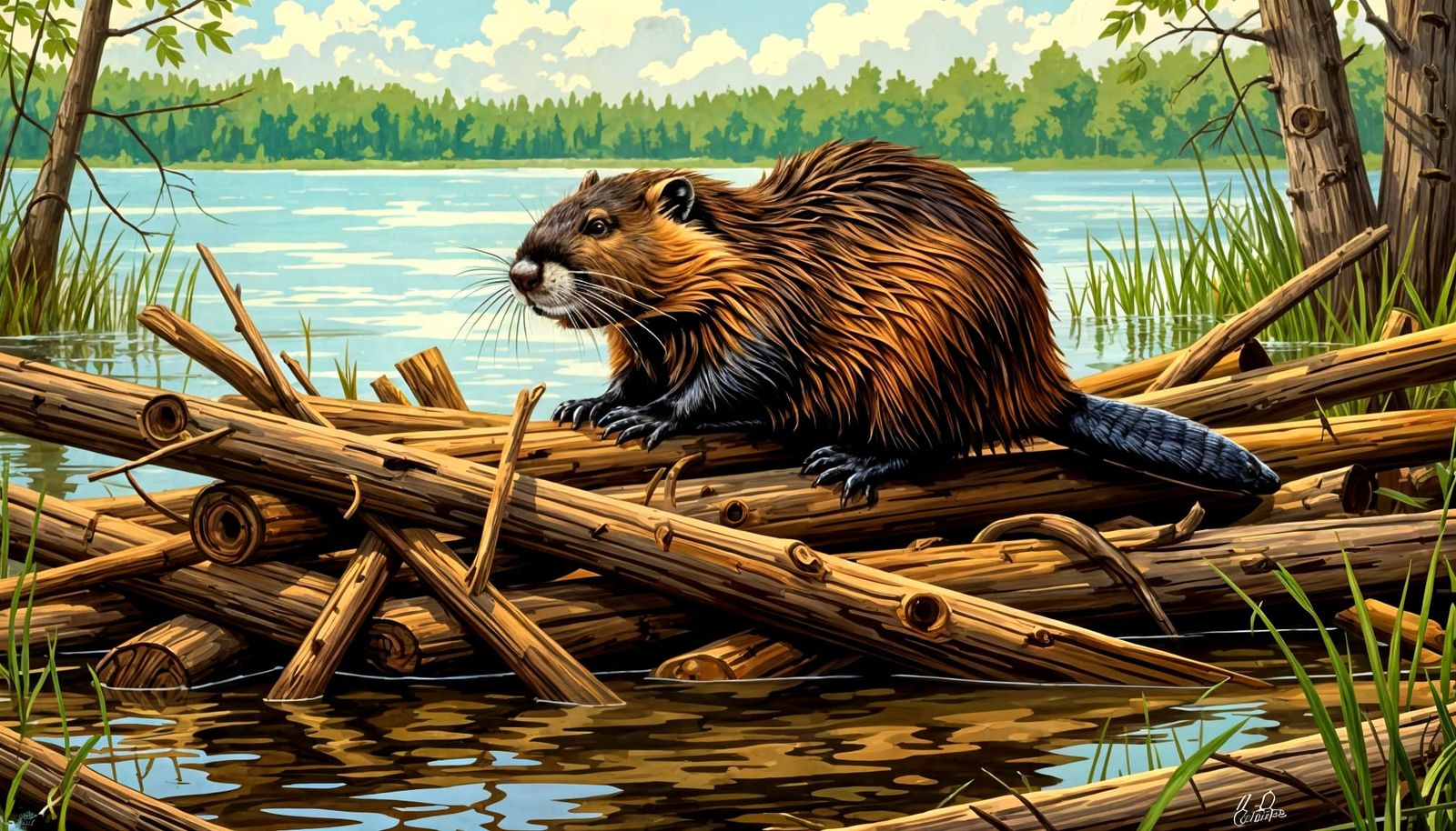 A North American Beaver is working on top of his den.