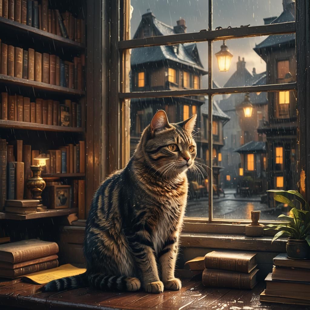 Cat Looking out at Rainy Morning: Matte Painting