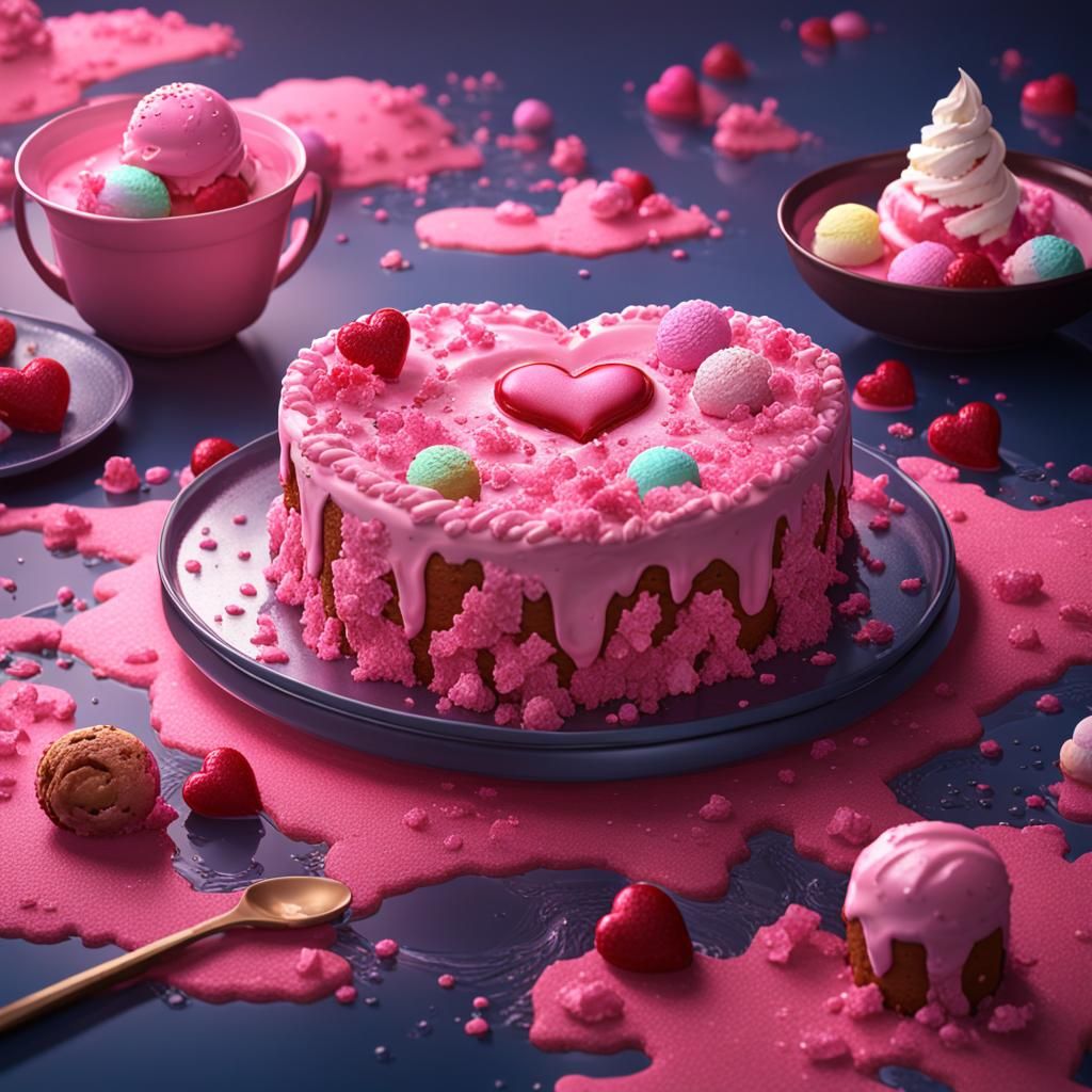 Sweet Pink Heart Ice Cream Cake: Detailed Matte Painting