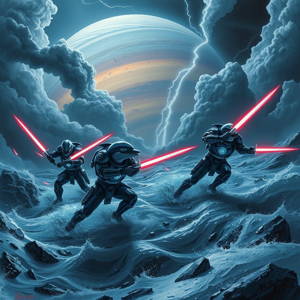 Cyberpunk Dolphins Charge into Battle on Jupiter's Stormy Su...