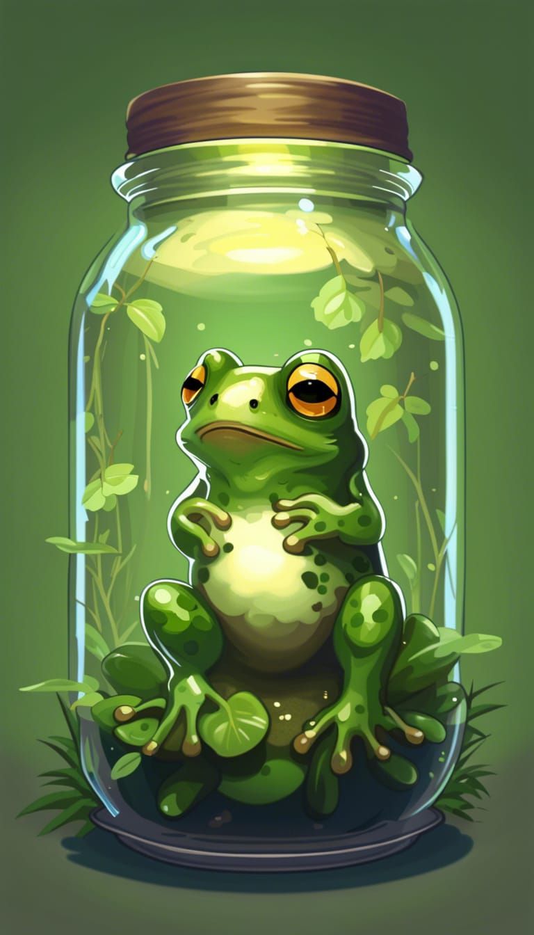 small cute frog trapped in a jar that has a jungle inside of...