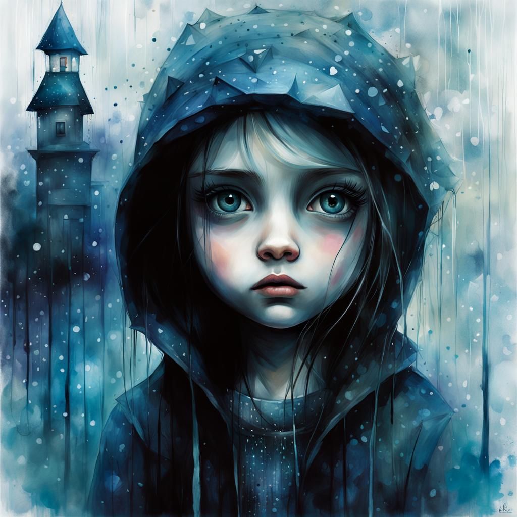 Sad Girl in Rain: Digital Storybook Illustration