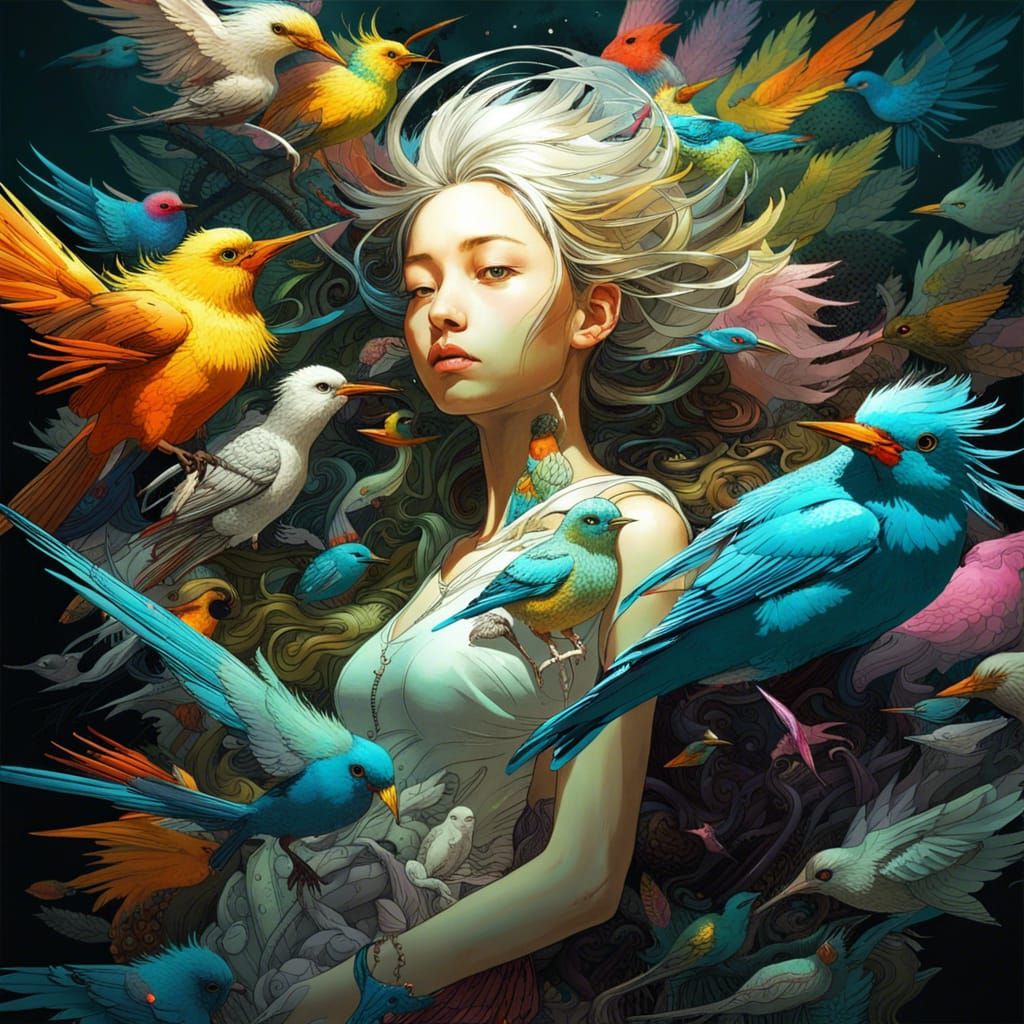 Resting Girl's Bird Dreams: Hyperdetailed Celestial Masterpi...