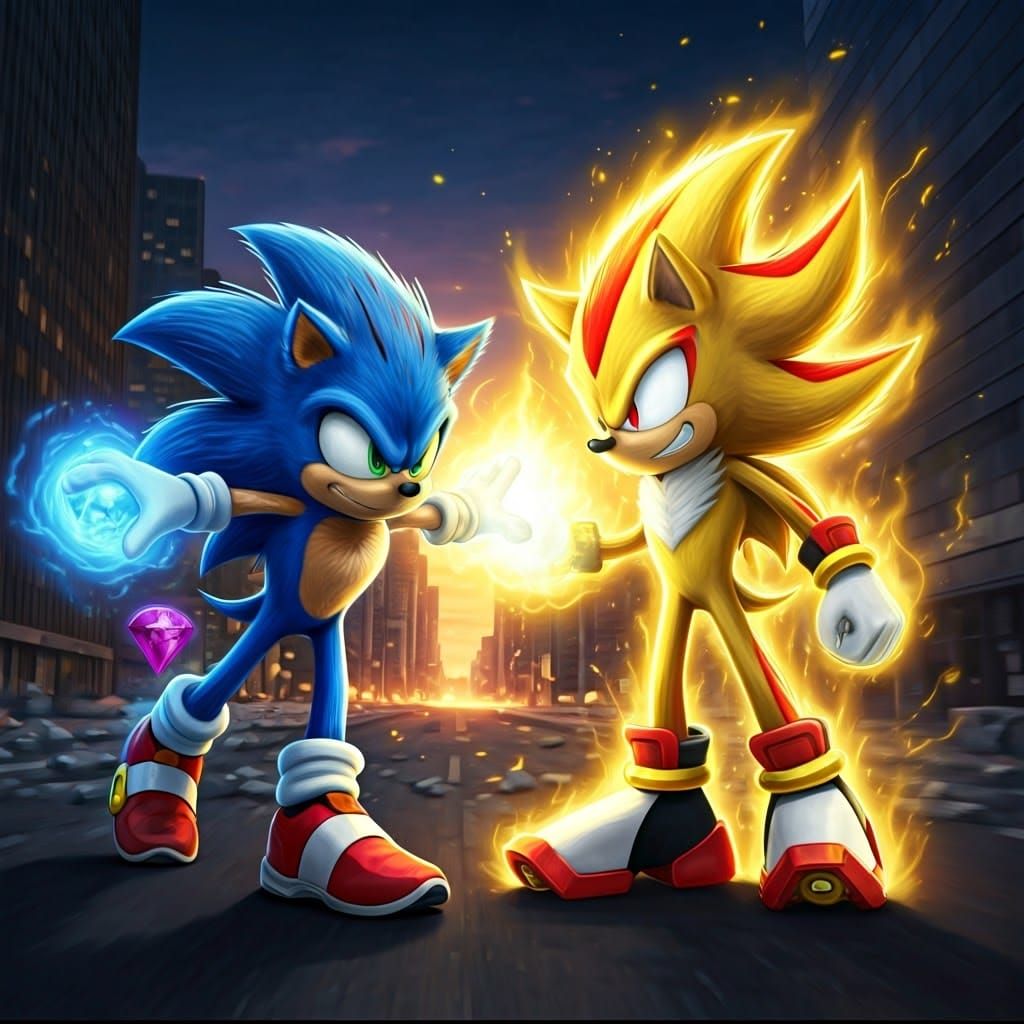 Sonic vs. Shadow: Epic Battle in Cityscape
