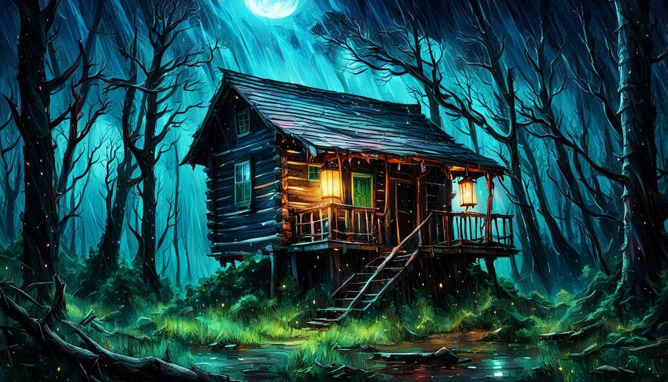 Bioluminescent Storm: Abandoned Cabin in Dark Fantasy Style