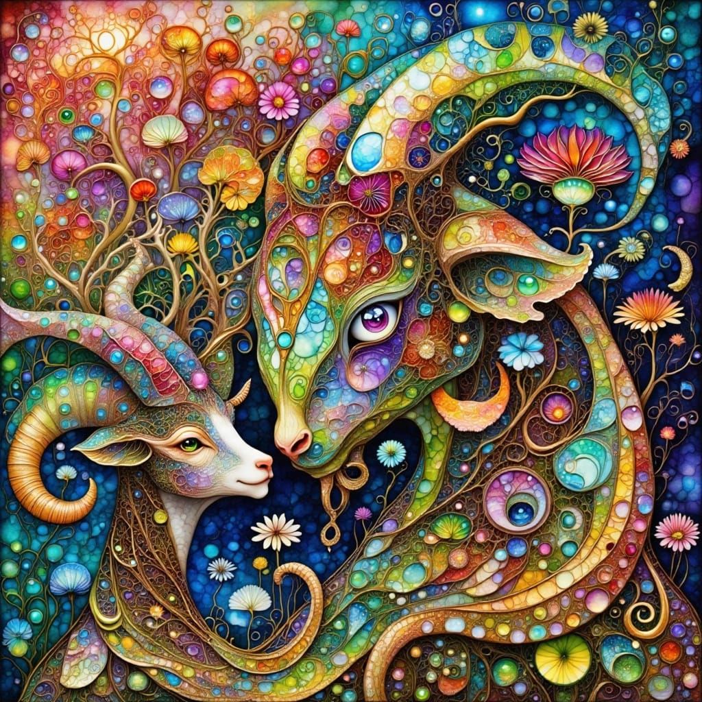 Surreal Robot Landscape with Owl-Goat Friend in Patchwork St...