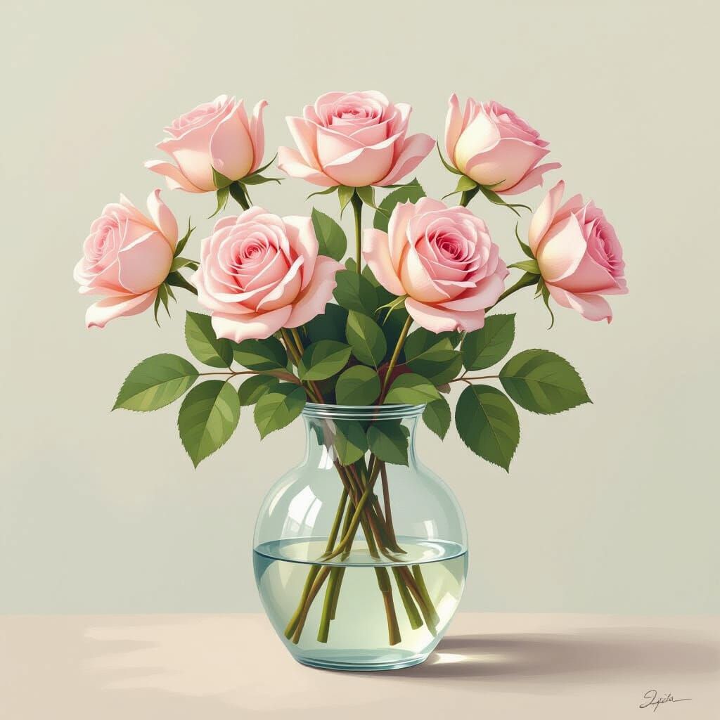 Vase with Pink Roses in Watercolor Style